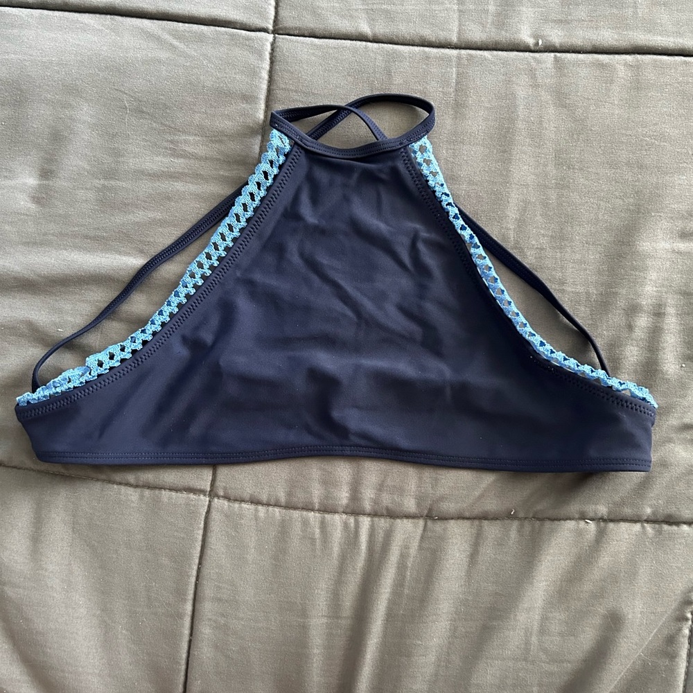 Aerie Dark Blue High Neck Tie Back Swim Top
